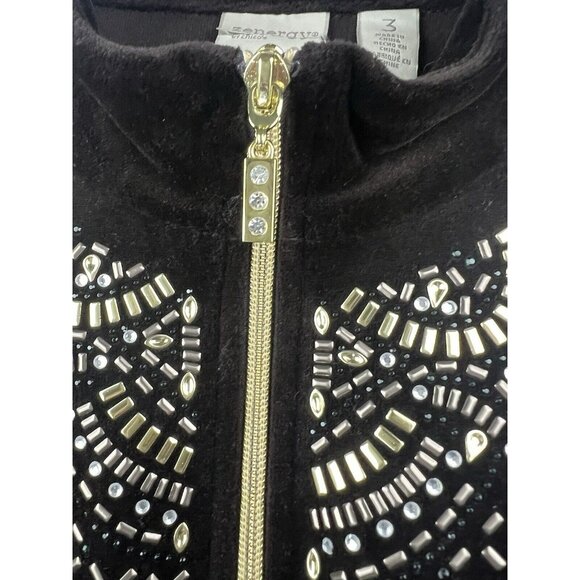 Chicos Jacket Size XL Velour Zip up Chocolate Brown Gold Zipper Pockets Soft - Picture 4 of 6